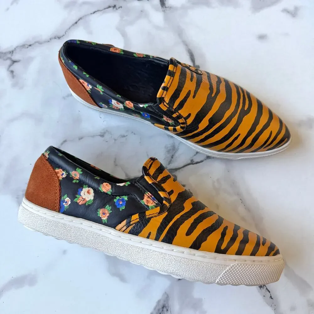 Coach C103 Tiger Floral Leather Slip On Sneakers Size 6 - Picture 1 of 8